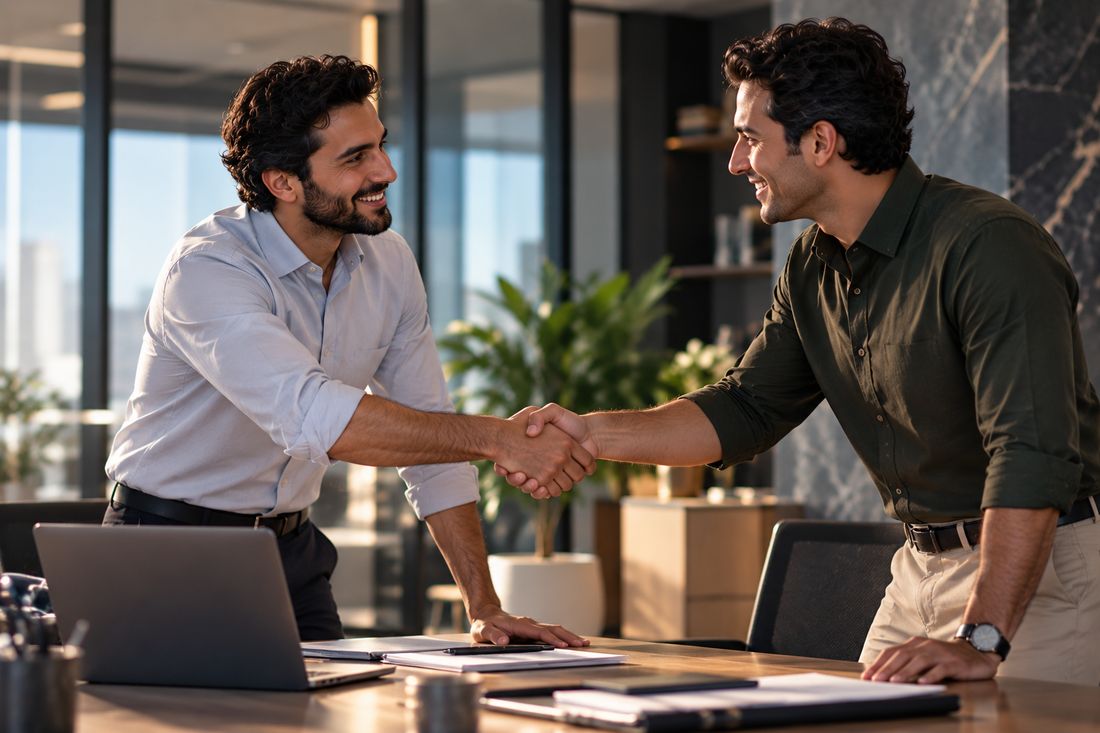 Two professionals shaking hands across a desk