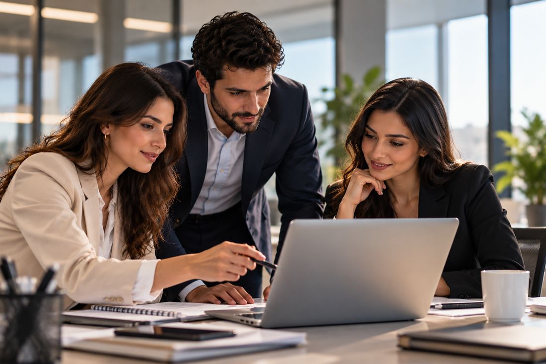 Three colleagues reviewing work together on a laptop